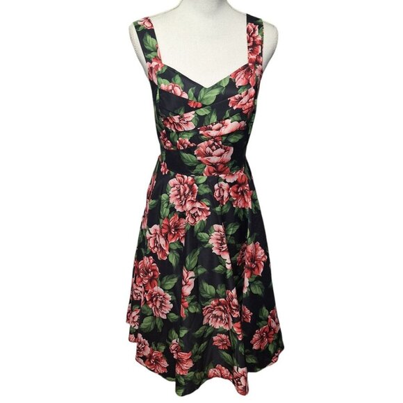 Papillon Rose Dress Womens Large Midi Tie Belt Waist Zip Back Pink Green Floral - Picture 1 of 15